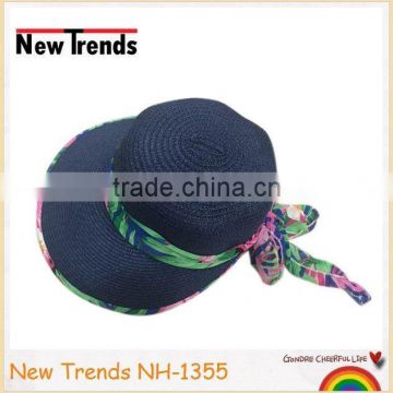 Navy straw and flower fabric lining sun visor cap