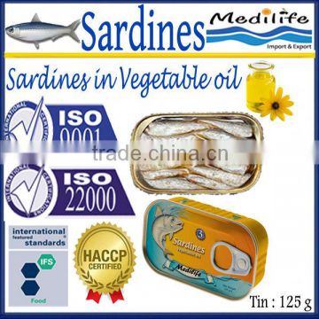 Sardines in Vegetable Oil ,Sardine in Vegetable Oil canned,100% High Quality of Sardine, Fresh Sardines with Vegetable Oil 125 g