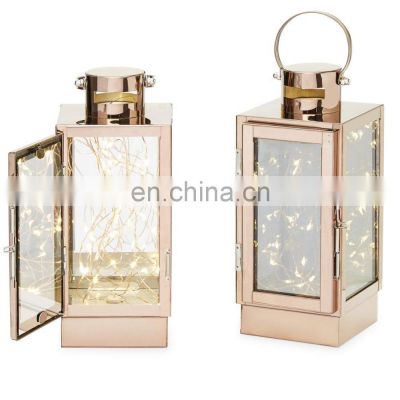 Rose Gold Flameless Lanterns 30 Led Fairy Lights On Copper Wire Mirror Decorative Glass Stainless Steel Lantern