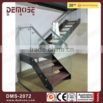 wooden steps and glass iron handrail for double steel plates stair