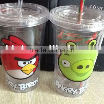 double wall plastic drinking cup with straw and lid
