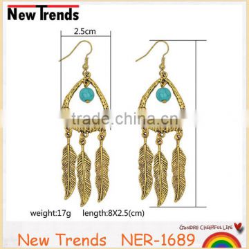2016 gold plated feather shaped zinc alloy earrings with turquoise