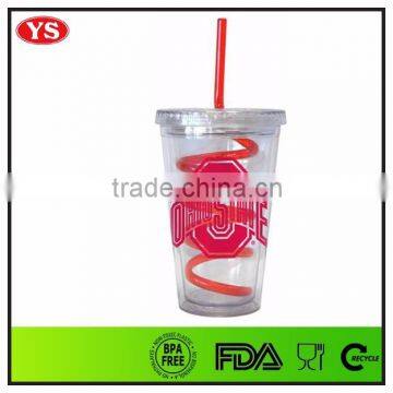 Clear 16 ounce Double wall plastic starbucks tumbler with curly straw