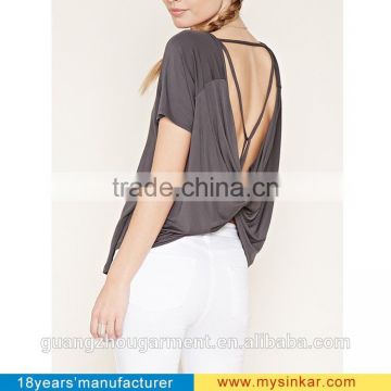 Wholesale New Fashion crisscross custom cheap summer O neck t shirt back cutcout 100% plain cotton best quality
