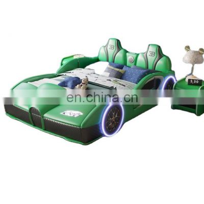 2021New leather bed princess LED light children bed Cute race car bed