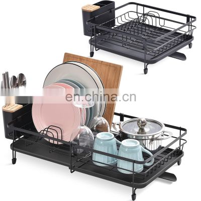 Expandable Dish Drying Rack, Adjustable Dish Rack, Foldable Dish Drying Rack with Removable Cutlery Holder Swivel Drainage Spout