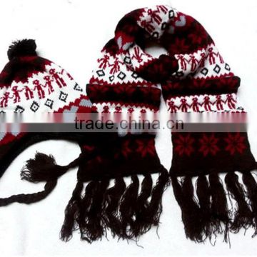 knitted acrylic scarf jacquard weave lady scarf with hat