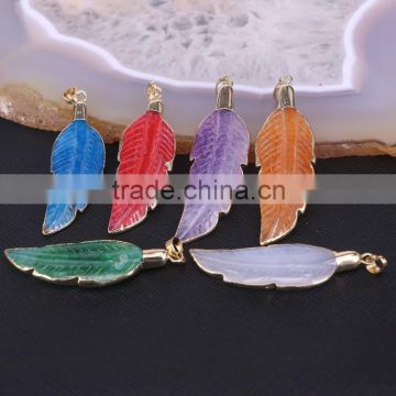 Mix Color Agate Stone Pendant, Carved Leaf shape Gold plated Edged Gem stone Druzy Pendant