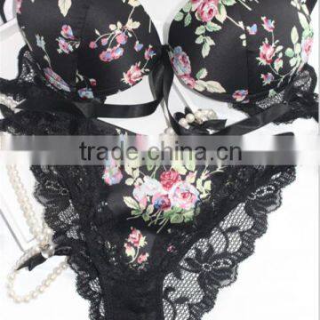 Printed silk lace bra set gather sexy lingerie bra plus panties