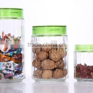 Set 3 Clear Round Large Glass Storage Jars with Green PP Lid