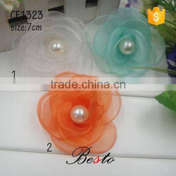 Wedding fashion bead center organza flower brooch for bridal