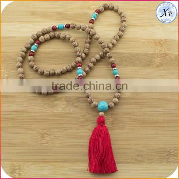 XP-PN-1476 Factory Yiwu wholesale turquoise wood mala beads necklace wooden beads tassel necklace