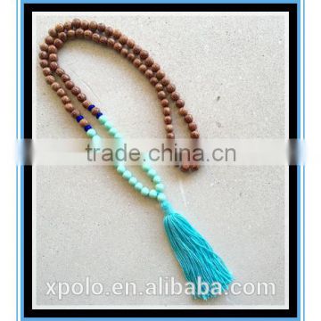 2016 Hot sale Dark Wooden Beaded with Pale Blue feature beads Ocean Tassel Necklace