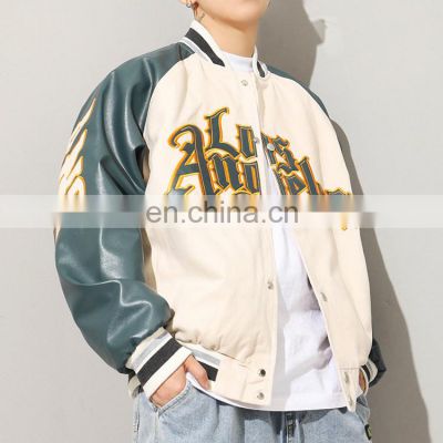 Custom Double Color Patchwork Patch Embroidered Oversize White College Bomber Jacket For Men