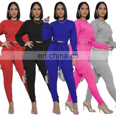 Wholesale custom women's fashion round neck slim fit suit two-piece pants with waist rope double pockets
