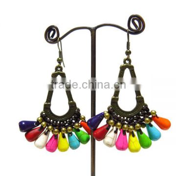 0010 HANDMADE JEWELRY Set Dangle Red Coral STONE Brass Stitch Beaded Earrings from THAILAND