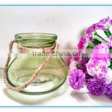 2016 Hot sale color flower vase/glass candle holder with rope handle