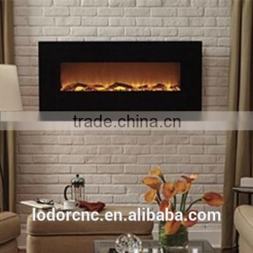 black wall mounted wood burning fireplace with fake logs