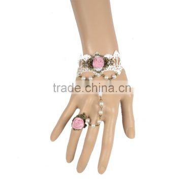 Pretty Women Pink Flower White Lace Bracelet with Pearl Hollow Ring