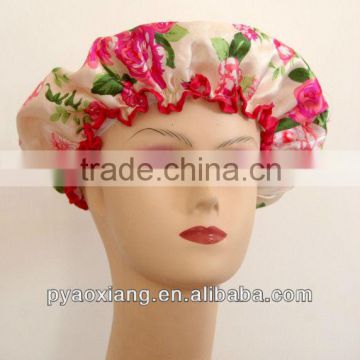 Factory supply best red flower printed satin environmently friendly shower caps or hats for hotel and home,etc.