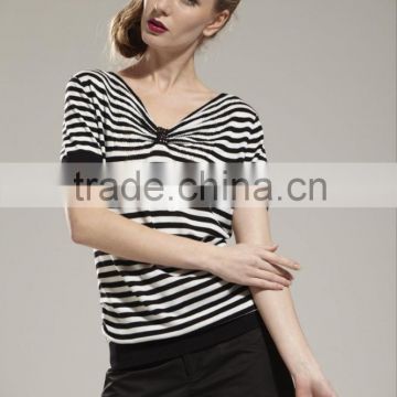 ladies' crew neck short sleeve stripes pullover knitted sweater with heat stone