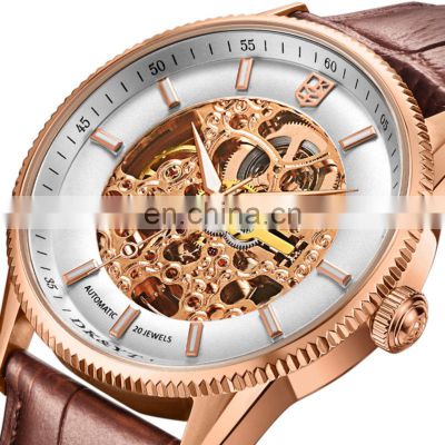 Luxury 316L Stainless Steel Genuine Leather Skeleton Mechanical Watch for Man
