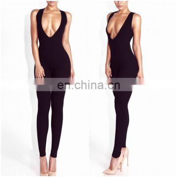 Mika72357 2017 Latest Design Popular Hot Sexy Slim Deep V Ribbed Jumpsuits Women In Black