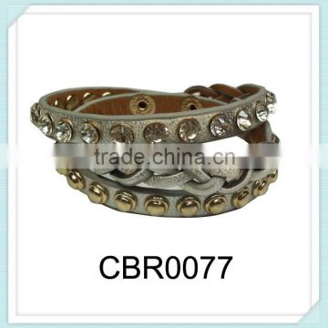 Hot sale punk style bracelet fashion design leather braided crystal bracelets, stamping gold riveted bracelet