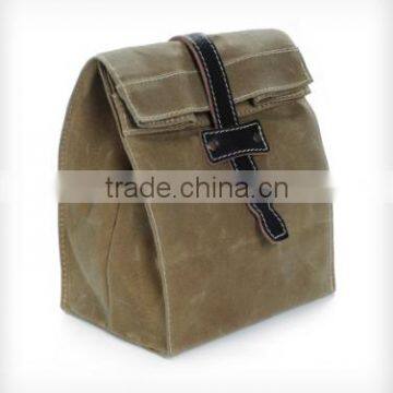 Custom high quality waxed canvas lunch bag with leather trim