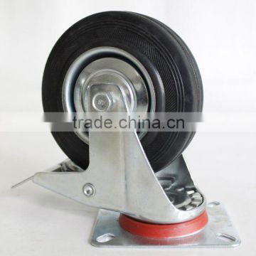 125mm black rubber industrial caster with brake with top plate