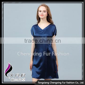 CXVLYQO1 Luxury Women's Pure Silk Skirt Night SNavy Blue Short Sleeve V-neck Pajamas