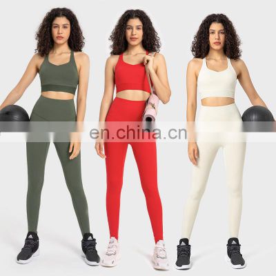 High Quality Sexy Cross Thin Straps Sports Bra Crotchless Leggings Two Piece Gym Fitness Yoga Suit Set Women Outdoor Clothing