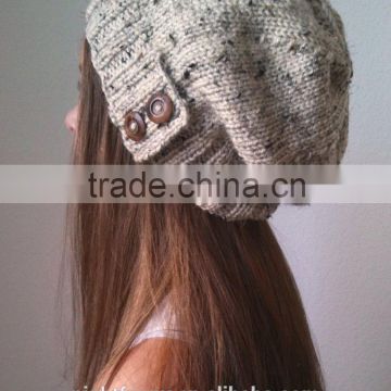 Knit slouchy hat with button/s - OATMEAL (more colors available - made to order)