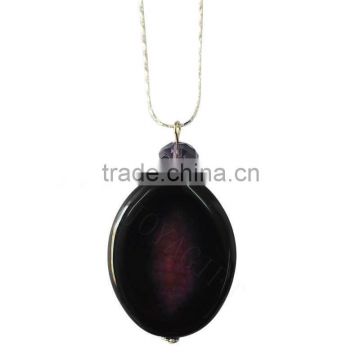 Natural dark purple agate slice pendant necklace with silver chain
