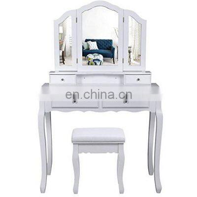 White Makeup Vanity mirrored Dressing Table with Trifold Mirror Set 4 Drawers for Women