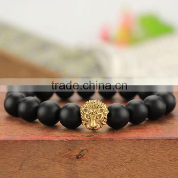 BRS1505G natural semi-precious matte onyx bead strench bracelet stainless steel lion head mens bracelet                        
                                                Quality Choice