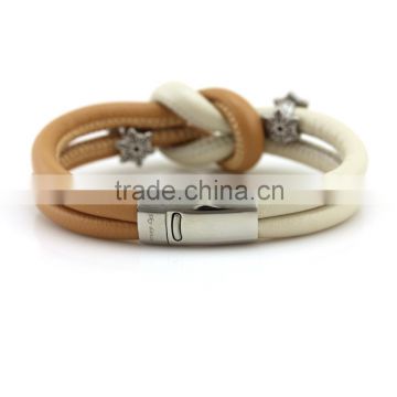 Apricot braided sheepskin bangle stainless steel buckle bracelet