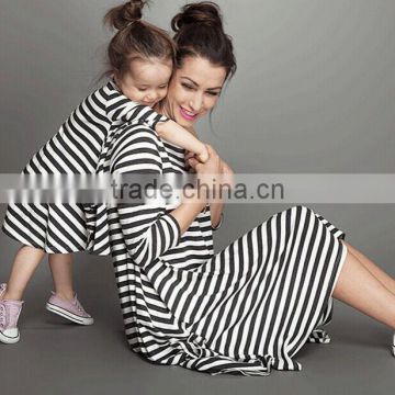 Europe style strip Summer half sleeve mother daughter casual dresses with two pocket