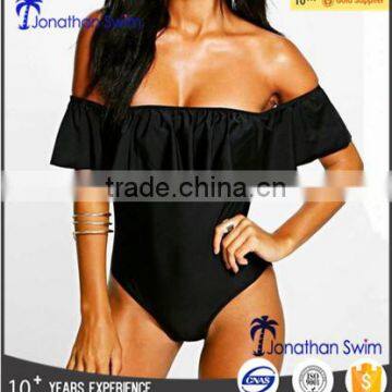 Women's fashion hot selling black nylon spandex falbala one piece swimwear.