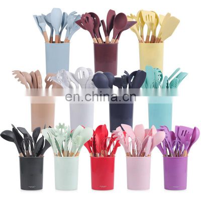 Multicolor BPA Free Non Toxic Wooden Handle Turner Tongs Spatula Cooking Silicone Kitchen Utensils