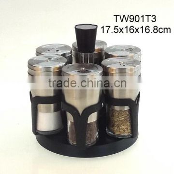 TW901T3 6pcs glass spice jar set with stainless steel casing and plastic stand