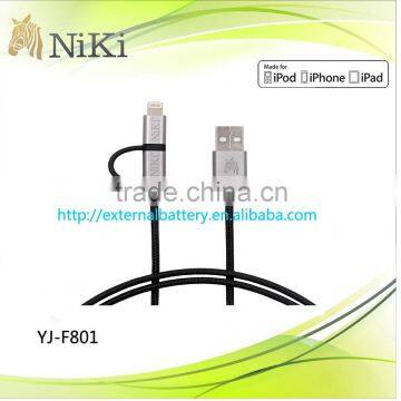 2 in 1 Black fashionable fabric braided USB Cable for iPhone and Android