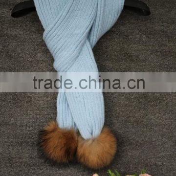 Adults Fashion Handmade Wool Knit Scarf With Real Raccoon Fur Pompom Scarf