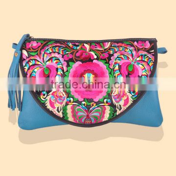 2016 China embroidery Messenger sky blue genuine leather bag for women