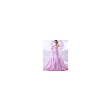 Beautiful Pink Satin Strapless Long Trail Wedding Dress Appliques , A line wedding gowns