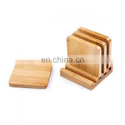 Bamboo Wooden Coaster Square Cup Coasters 4-Pack Set with Holder