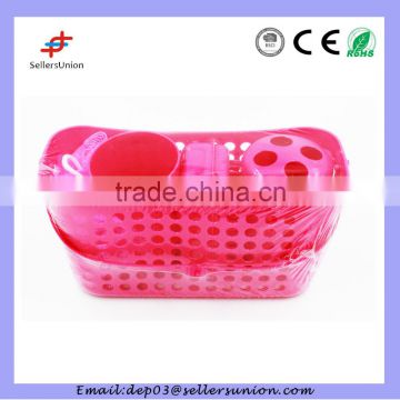 pink color tooth brush holder, mesh ball, soap box in a set
