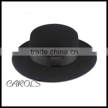black wool felt hat wholesale flat top hat wide brim with shiny ribbon band designed in Japan