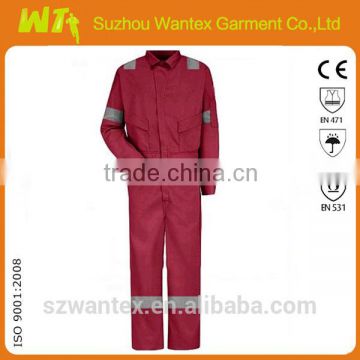 hot sale red working 100% cotton flame retardant reflecting life man coverall with reflector