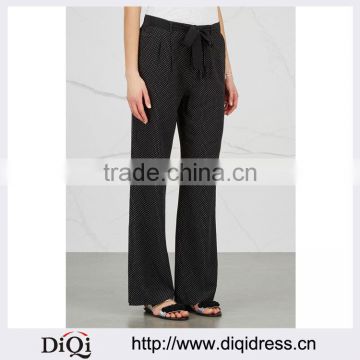Wholesale Women Apparel Polka-dot Print Belt Loops Waist Tie Black Silk Trousers(DQE0364P)